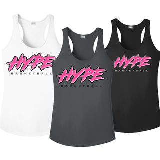 Hype Basketball Script Women's PosiCharge Racerback Tank in White, Iron Grey, and Black