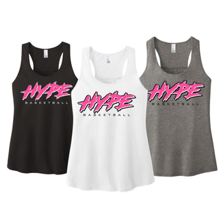 Hype Basketball Script Women's Racerback Tanks in Black, White, and Grey Frost