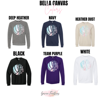 Bella Canvas I Know I Play Like A Girl top in deep heather, navy, heather dust, black, team purple, white
