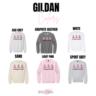 gildan crewneck sweatshirt in ash grey graphite heather white sand light pink and sport grey, color chart
