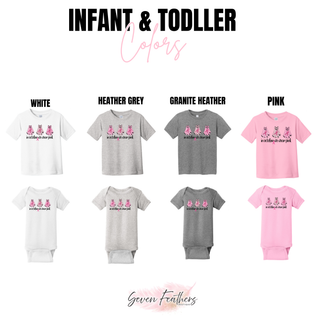 infant onesie and toddler tee in white heather grey granite heather and pink with breast cancer awareness ghost design, color chart

