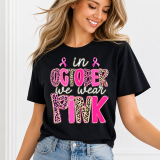 In October We Wear Pink Leopard Top - black tee with pink ribbons and leopard print In October We Wear Pink lettering