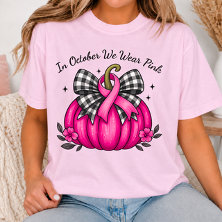 In October We Wear Pink Pumpkin Ribbon Top design with buffalo check bow on pink shirt