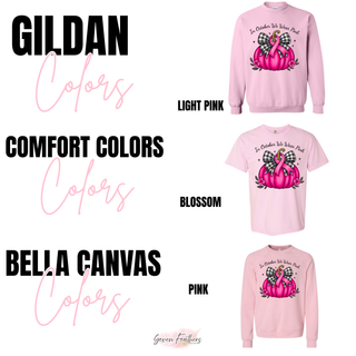In October We Wear Pink Pumpkin Ribbon Top Gildan, Comfort Colors, and Bella Canvas color options