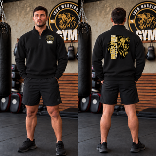 Model wearing the Iron Warriors Gym Art of Eight Limbs Cadet Quarter-Zip in Black, front lion crest and back gold lion head with Muay Thai lettering