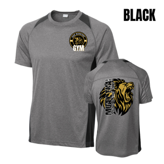 Iron Warriors Gym Art of Eight Limbs Colorblock Contender Tee, heather grey with black panels, front and back