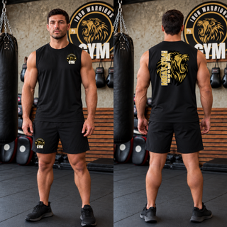 Model wearing the Iron Warriors Gym Art of Eight Limbs Men's PosiCharge Competitor Tank in Black, front lion crest and back gold lion head with Muay Thai lettering