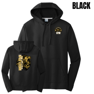 Black performance hoodie with the Iron Warriors Gym lion crest on the chest and the Art of Eight Limbs lion on the back