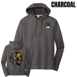 Charcoal performance hoodie with the Iron Warriors Gym lion crest on the chest and the Art of Eight Limbs lion on the back