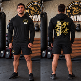 Model wearing the Iron Warriors Gym Art of Eight Limbs PosiCharge Hooded Pullover in Black, front lion crest and back gold lion head with Muay Thai lettering