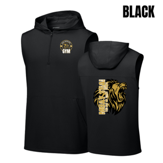 Iron Warriors Gym Art of Eight Limbs Sport-Wick Stretch Sleeveless Hooded Quarter-Zip in Black, front and back