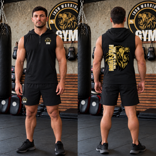 Model wearing the Iron Warriors Gym Art of Eight Limbs Sport-Wick Stretch Sleeveless Hooded Quarter-Zip in Black, front lion crest and back gold lion head with Muay Thai lettering