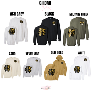 Gildan color chart in ash grey, black, military green, sand, sport grey, old gold, and white, front and back