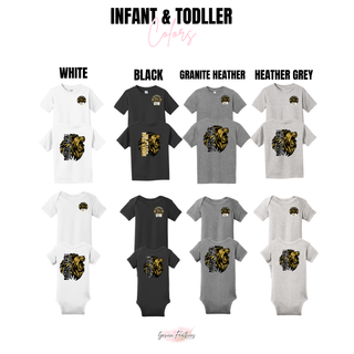Infant and toddler color chart in white, black, granite heather, and heather grey with the Art of Eight Limbs design