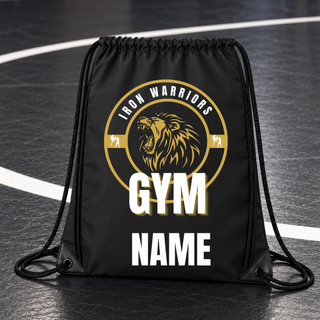 Black drawstring bag with the Iron Warriors Gym lion crest and a name printed below