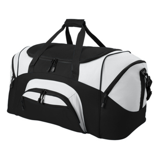 Black and light grey colorblock sport duffel bag with a front pocket and padded handles