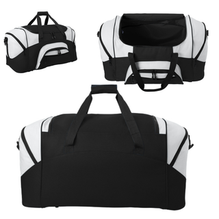 Black and light grey colorblock sport duffel bag shown from the side, open top, and back