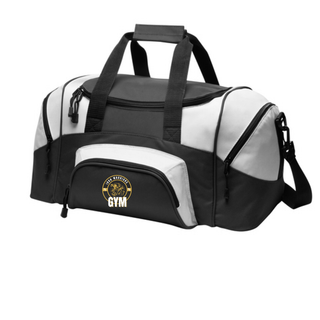 Black and light grey duffel bag with the Iron Warriors Gym lion crest on the front pocket
