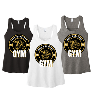 Iron Warriors Gym Lion Crest Women's Racerback Tank in Black, White, and Grey Frost