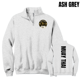 Ash grey cadet quarter-zip shown from the front with the Iron Warriors Gym lion crest on the left chest and from the back with Muay Thai in black vertical lettering