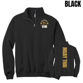 Black cadet quarter-zip shown from the front with the Iron Warriors Gym lion crest on the left chest and from the back with Muay Thai in gold vertical lettering