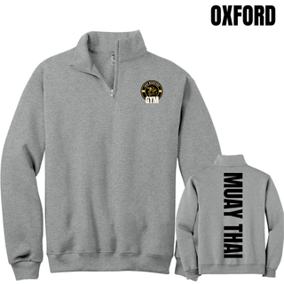 Oxford grey cadet quarter-zip shown from the front with the Iron Warriors Gym lion crest on the left chest and from the back with Muay Thai in black vertical lettering