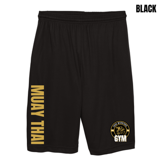 Black cooling performance shorts with Muay Thai in gold vertical lettering down one leg and the Iron Warriors Gym lion crest near the hem of the other leg