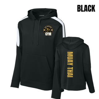 Black hoodie with white shoulder panels, shown from the front with the Iron Warriors Gym lion crest on the left chest and from the back with Muay Thai in gold vertical lettering