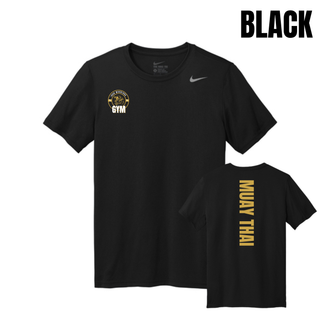 Black men's tee with the Iron Warriors Gym lion crest on the left chest and Muay Thai in gold vertical lettering on the back