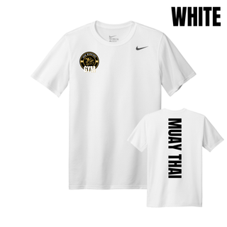 White men's tee with the Iron Warriors Gym lion crest on the left chest and Muay Thai in black vertical lettering on the back