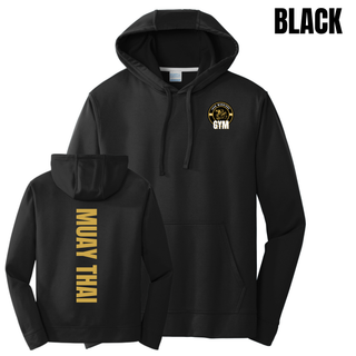 Black performance hoodie shown from the front with the Iron Warriors Gym lion crest on the left chest and from the back with Muay Thai in gold vertical lettering