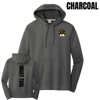 Charcoal performance hoodie shown from the front with the Iron Warriors Gym lion crest on the left chest and from the back with Muay Thai in black vertical lettering