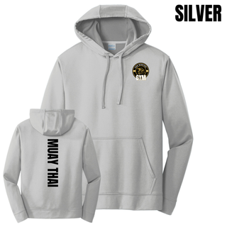 Silver performance hoodie shown from the front with the Iron Warriors Gym lion crest on the left chest and from the back with Muay Thai in black vertical lettering