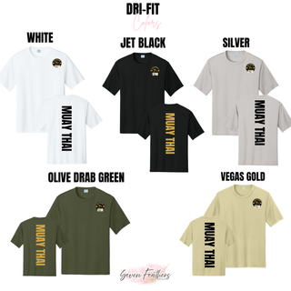 Performance top color chart showing the Iron Warriors Gym lion crest on the left chest and vertical Muay Thai lettering on the back in White, Jet Black, Silver, Olive Drab Green, and Vegas Gold