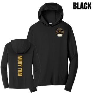 Black PosiCharge hooded pullover shown from the front with the Iron Warriors Gym lion crest on the left chest and from the back with Muay Thai in gold vertical lettering