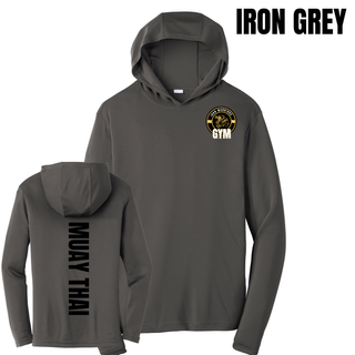 Iron grey PosiCharge hooded pullover shown from the front with the Iron Warriors Gym lion crest on the left chest and from the back with Muay Thai in black vertical lettering