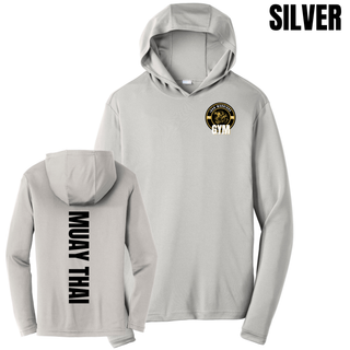 Silver PosiCharge hooded pullover shown from the front with the Iron Warriors Gym lion crest on the left chest and from the back with Muay Thai in black vertical lettering