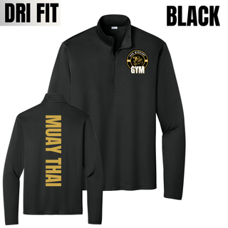 Black PosiCharge quarter-zip shown from the front with the Iron Warriors Gym lion crest on the left chest and from the back with Muay Thai in gold vertical lettering