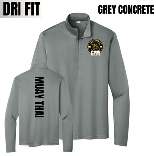 Grey concrete PosiCharge quarter-zip shown from the front with the Iron Warriors Gym lion crest on the left chest and from the back with Muay Thai in black vertical lettering