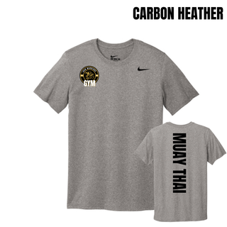 Carbon heather rLegend tee with the Iron Warriors Gym lion crest on the chest and black Muay Thai on the back