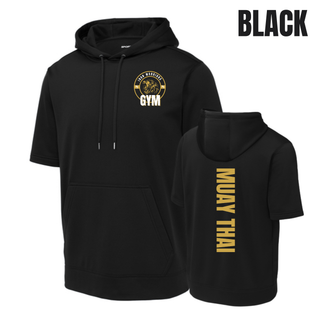 Black Iron Warriors Gym short sleeve hooded pullover with the crest on the front and Muay Thai lettering down the back.