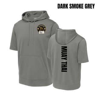 Dark Smoke Grey Iron Warriors Gym short sleeve hooded pullover with the front crest and vertical Muay Thai back lettering.