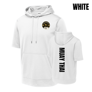 White Iron Warriors Gym short sleeve hooded pullover featuring the front crest and vertical Muay Thai lettering on the back.