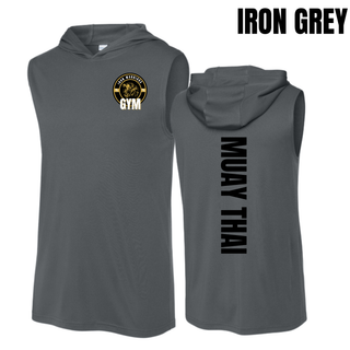 Black and iron grey sleeveless hooded tops with the Iron Warriors Gym lion crest on the chest and Muay Thai in vertical lettering on the back, gold on black and black on iron grey
