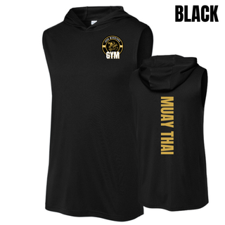 Man in a black sleeveless hooded top, back view with Muay Thai in gold vertical lettering