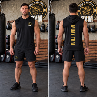 Man in a black sleeveless hooded top with the Iron Warriors Gym lion crest on the left chest, front view