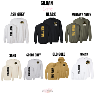 Gildan color chart showing Ash Grey, Black, Military Green, Sand, Sport Grey, Old Gold, and White crewnecks and a hoodie with the lion crest on the front and vertical Muay Thai on the back
