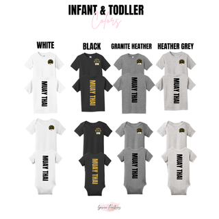 Infant and toddler color chart showing White, Black, Granite Heather, and Heather Grey tees and bodysuits with the lion crest on the front and vertical Muay Thai on the back