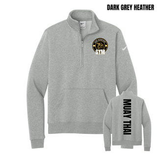 Dark grey heather fleece half-zip flat lay with the Iron Warriors Gym lion crest on the left chest and Muay Thai in black vertical lettering on the back