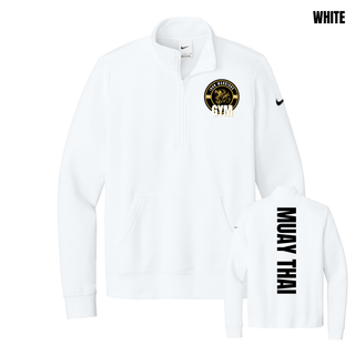 White fleece half-zip flat lay with the Iron Warriors Gym lion crest on the left chest and Muay Thai in black vertical lettering on the back